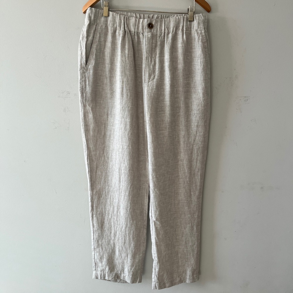 Quince European Linen Straight Leg Pants Oatmeal Beige M Elastic Waist